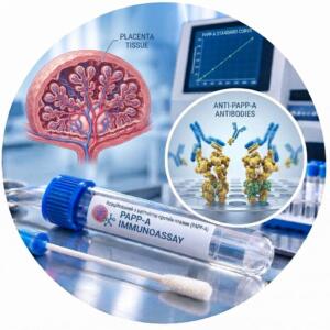 Medical illustration of a laboratory test for pregnancy-associated plasma protein (PAPP-A) showing a labeled test tube, an image of placental tissue, and a magnified molecular structure of the immunoassay.