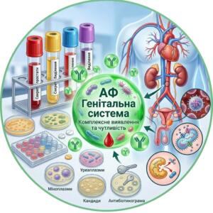 Медична інфографіка: АФ Генітальна система — виявлення мікроорганізмів та чутливості до антибіотиків