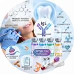 Кругла медична інфографіка для імуноалерго-діагностики на ультракаїн / артикаїн (IgE), що поєднує стоматологічну тематику, фотопацієнта під час процедури, хімічну формулу артикаїну, набір флаконів анестетиків та лабораторну пробірку.