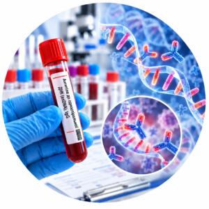 Антитела к односпиральной ДНК (ssDNA), IgG — пробирка с образцом крови и научная визуализация ДНК и антител, Меди Лаб Плюс