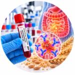 Antibodies to tissue transglutaminase (Anti-tTG), IgA — blood sample tube and scientific visualization of antibodies and the intestine, Medi Lab Plus