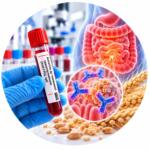 Antibodies to Tissue Transglutaminase (Anti-tTG), IgG — blood sample tube and scientific visualization of antibodies and intestine, Medi Lab Plus