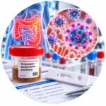 Астровирус – определение антигена: контейнер с образцом кала на лабораторном бланке и визуализация вирусных частиц, Меди Лаб Плюс