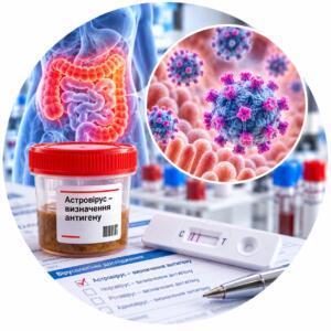 Astrovirus — antigen determination: container with stool sample on laboratory form and visualization of viral particles, Medi Lab Plus