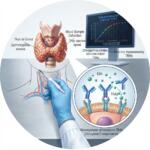 Professional round medical illustration for TSH receptor autoantibody (TRAb) testing, featuring an image of the thyroid gland, blood collection procedure, immunoassay monitor, and enlarged molecular binding diagram.