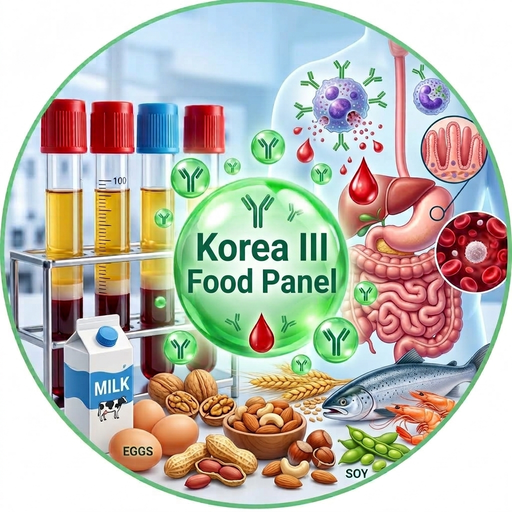 Allergy diagnostics: Korea III food panel (comprehensive allergy test) Medical infographic: Korea III Food Panel — diagnosis of food allergens and specific IgE