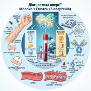 Medical infographic: Milk and gluten allergen panel — detection of food intolerance and specific IgE