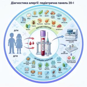 Медична інфографіка: Педіатрична панель алергій 20-I — комплексне дослідження специфічних IgE