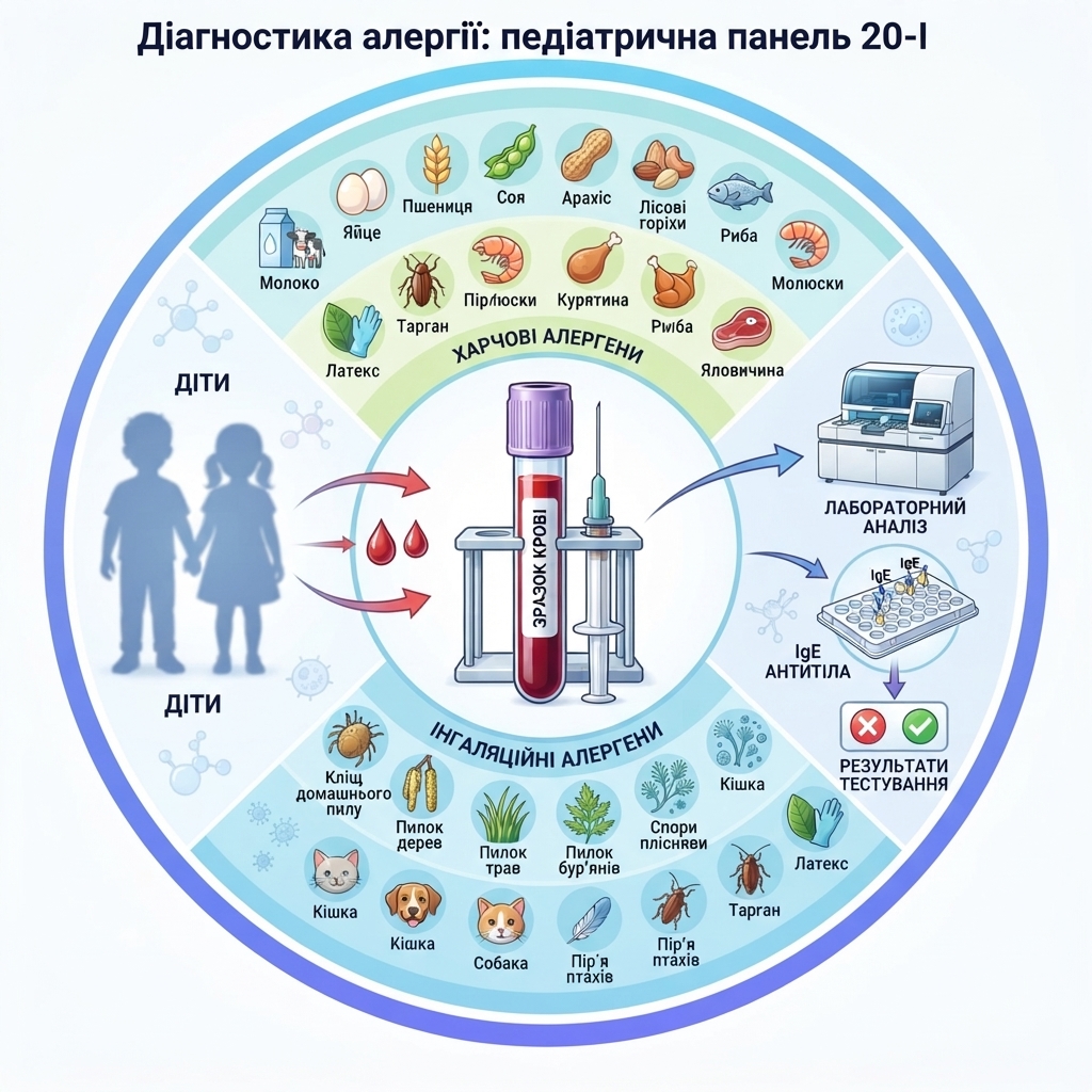 Диагностика аллергии: педиатрическая панель 20-I (комплекс аллергенов) Медицинская инфографика: Педиатрическая панель аллергий 20-I – комплексное исследование специфических IgE
