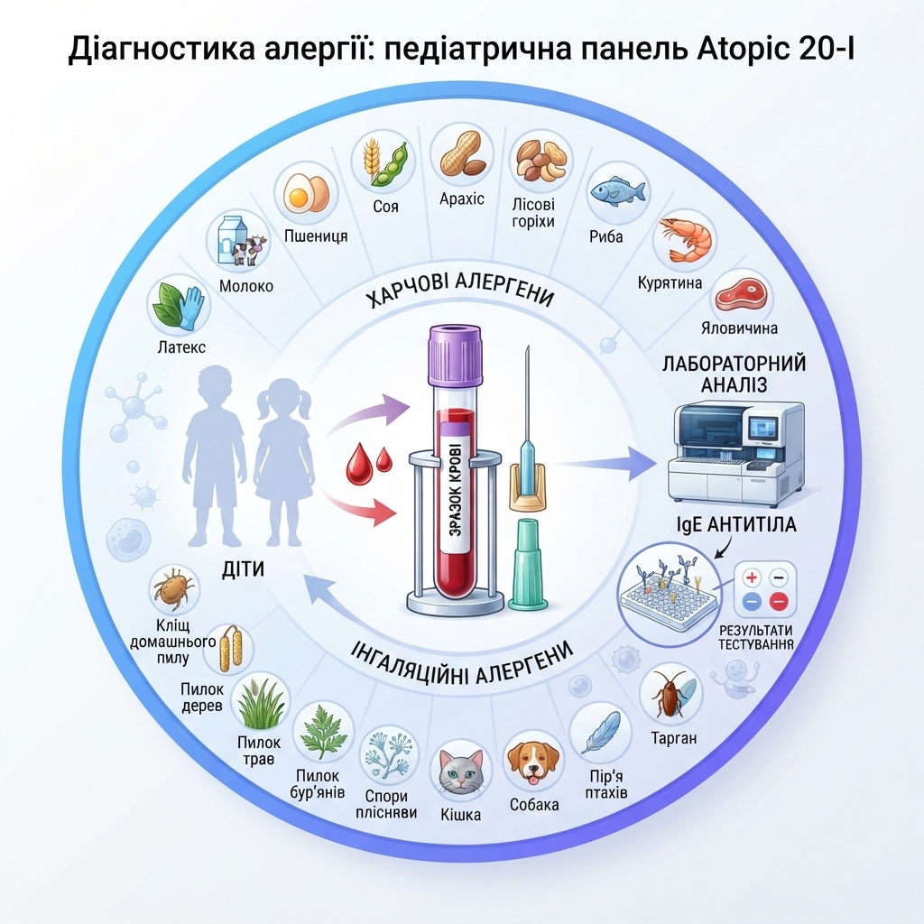 Диагностика аллергии: педиатрическая панель Atopic 20-I (комплекс из 20 аллергенов) Медицинская инфографика: Педиатрическая панель Atopic 20-I – диагностика детских аллергий по анализу крови
