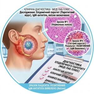 Medi Lab Plus laboratory diagnosis form for epidemic parotitis (mumps) IgM with an image of the parotid gland.