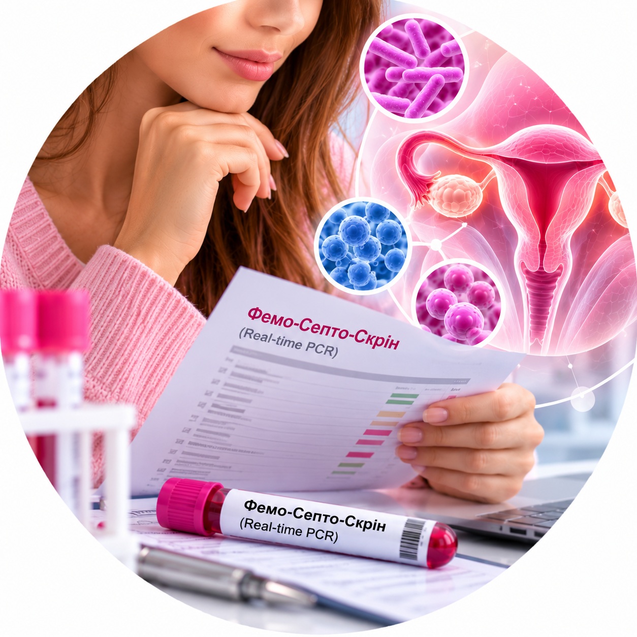 Femo-Septo-Screen - a woman reviews the results of a PCR test for urogenital infections. Femo-Septo-Screen (Real-time PCR)