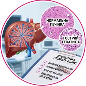 Бланк лабораторної діагностики Гепатиту А (HAV) IgM із зображенням печінки та гістологічних зрізів.