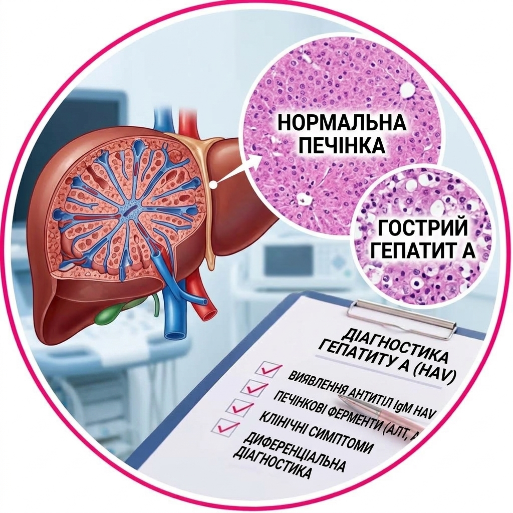 Hepatitis A (HAV): IgM — Serological diagnosis Hepatitis A (HAV) IgM laboratory diagnostic form with an image of the liver and histological sections.