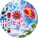 Analysis for IgG and IgM antibodies to hepatitis C virus (Anti-HCV) with illustration of liver and viral particles — Medi Lab Plus