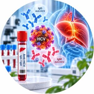 Аналіз на антитіла IgG та IgM до вірусу гепатиту C (Anti-HCV) з ілюстрацією печінки та вірусних частинок — Меді Лаб Плюс