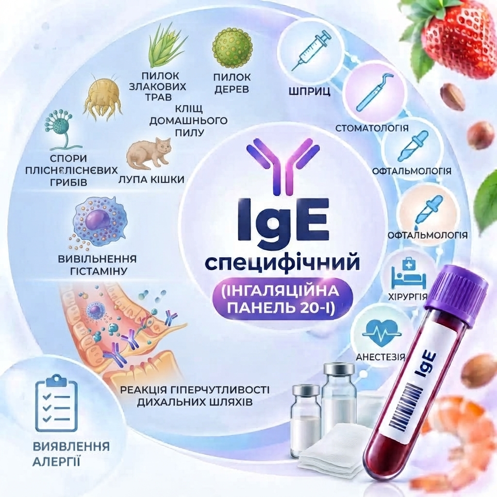 Allergy panel: Detection of specific IgE to inhalant allergens (20-I) Professional circular medical infographic for diagnosing inhalant allergies (panel 20-I) containing images of common allergens, histamine release diagram, airway response, and medical procedure pictograms.