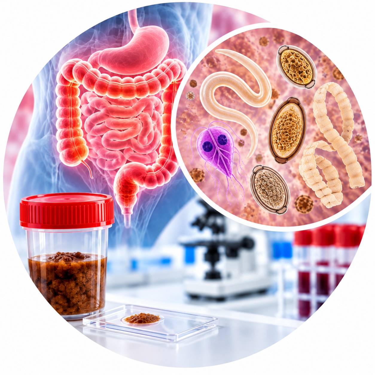 Analysis for intestinal parasites and helminth eggs Intestinal parasites and their eggs - laboratory examination of feces to detect parasitic infections