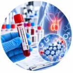 Тестостерон вільний (Testosterone free) — пробірка зі зразком крові та наукова візуалізація молекули гормону, Меді Лаб Плюс