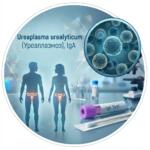 Медична інфографіка в синіх тонах для тесту на антитіла IgA до Ureaplasma urealyticum, із зображенням бактерій, пробірки з фіолетовою кришкою та силуетів людини
