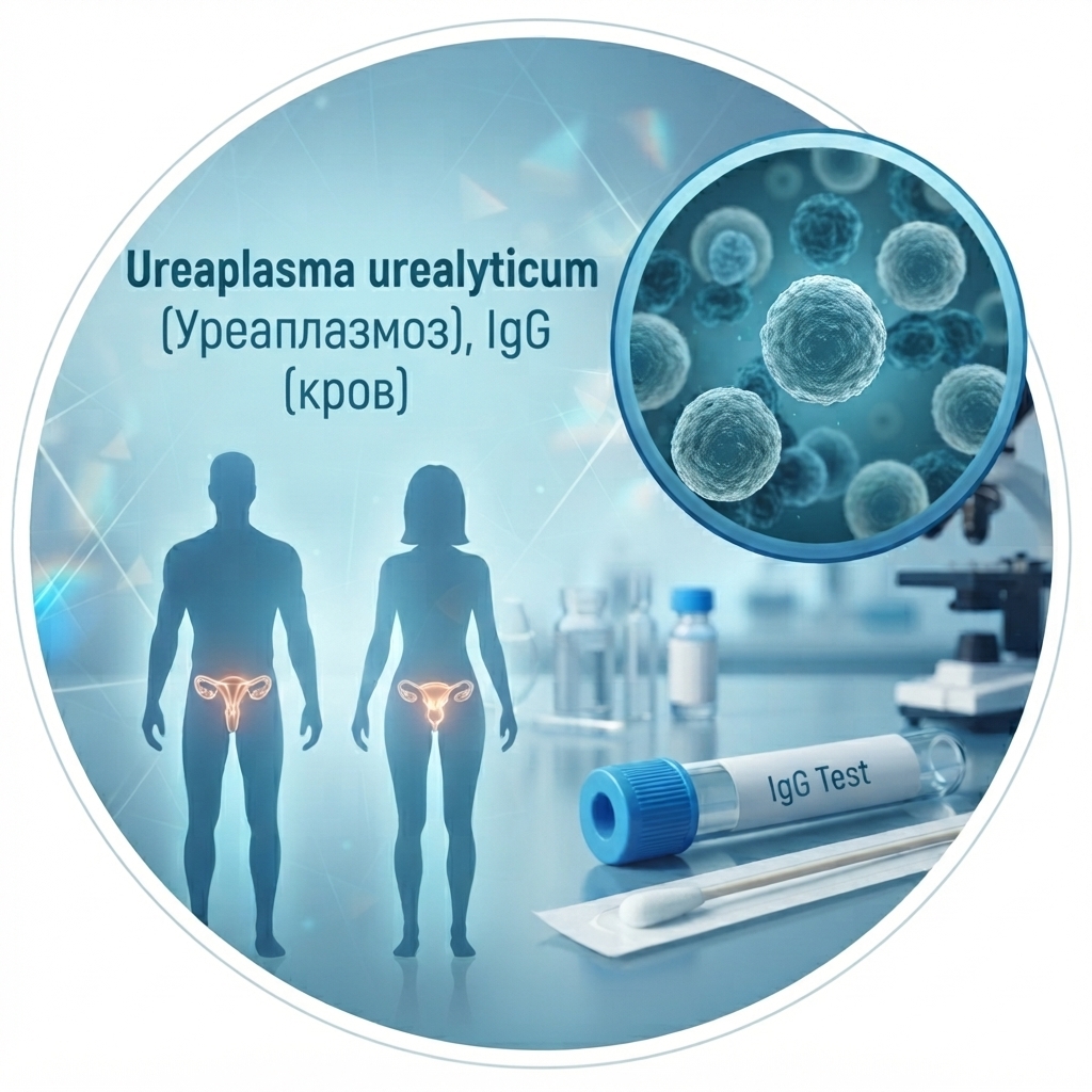 Діагностика Ureaplasma urealyticum IgG Медична графіка в синіх тонах для тесту на антитіла IgG до Ureaplasma urealyticum (Уреаплазмоз) із зображенням мікроорганізмів, пробірки та силуетів людини