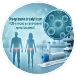 Медична графіка в синіх тонах для якісного ПЛР-дослідження Ureaplasma urealyticum із зображенням клітин, пробірки та силуетів
