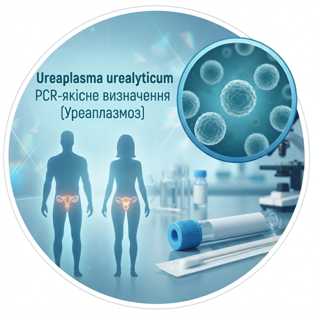 Ureaplasma urealyticum (Уреаплазмоз) — PCR якісне визначення Medical graphics in blue tones for qualitative PCR testing of Ureaplasma urealyticum with images of cells, test tube and silhouettes