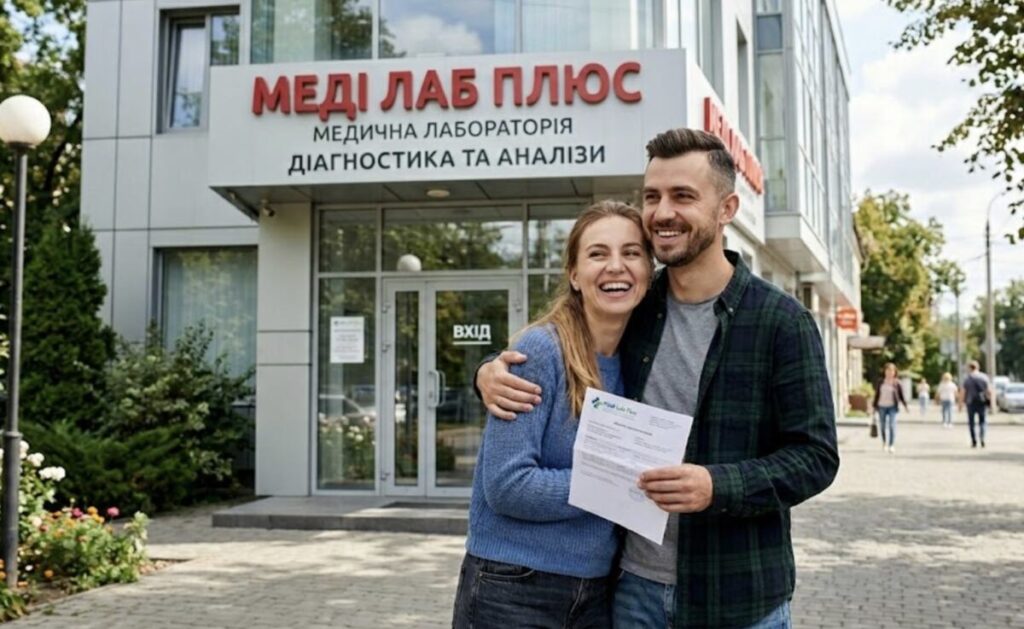 Фотографія щасливої пари, що стоїть перед сучасною медичною лабораторією "МЕДІ ЛАБ ПЛЮС