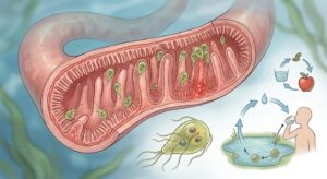 Medical illustration of giardiasis: microscopic giardia parasites (Giardia) inside the human small intestine and a diagram of the fecal-oral route of infection through water and food.