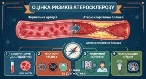 Infographics of risk assessment of vascular atherosclerosis: comparison of normal and plaque, stages of laboratory and instrumental diagnostics.