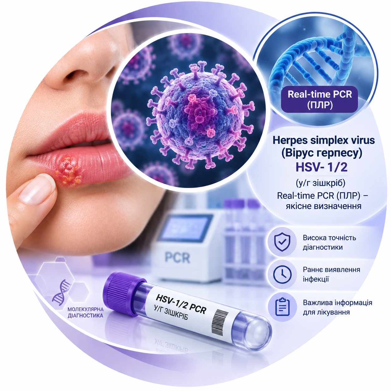 Herpes simplex virus HSV-1/2 — Real-time PCR (ПЛР), якісне визначення Herpes simplex virus HSV-1/2 — Real-time PCR, якісне визначення (у/г зішкріб)