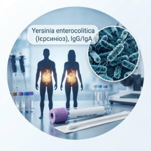 Realistic medical infographic for IgG/IgA antibody analysis to Yersinia enterocolitica (yersiniosis) with the image of bacteria and a test tube with biomaterial