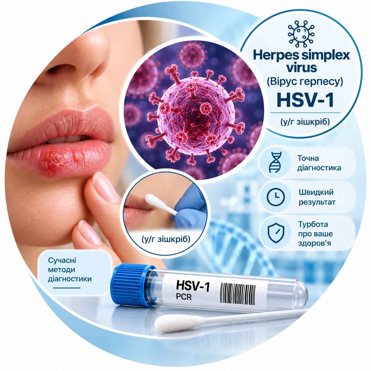Herpes simplex virus HSV-1 — Real-time PCR (ПЛР), якісне визначення (у/г зішкріб) Herpes simplex virus HSV-1 — uv scraping, Real-time PCR