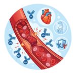 Illustration of a study on Autoimmune phospholipid syndrome with a blood clot in a vessel and antibodies aPL, IgG, IgM