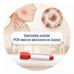 Medical infographic for high-quality PCR diagnostics of Varicella-zoster virus using a blood sample, with images of rashes, virus under a microscope and a test tube with blood