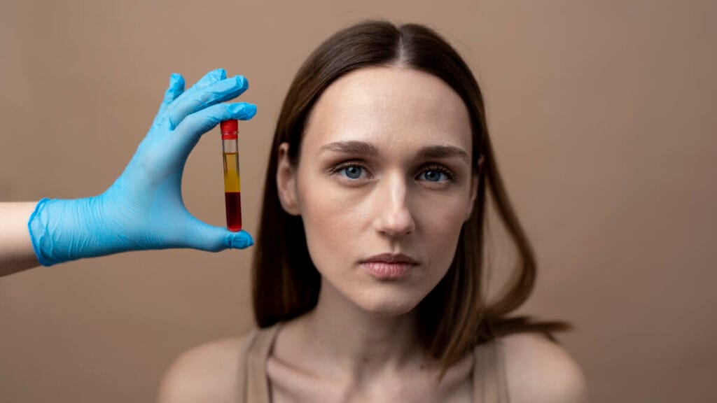 bottle with biotin supplement on laboratory background