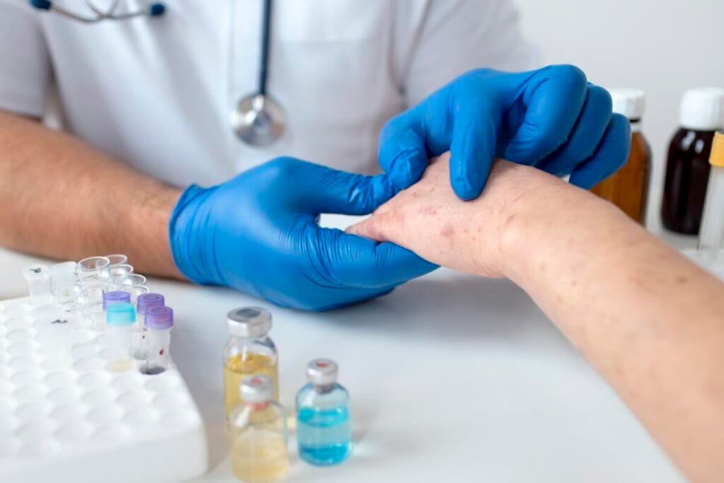 A nurse draws blood for an allergy panel
