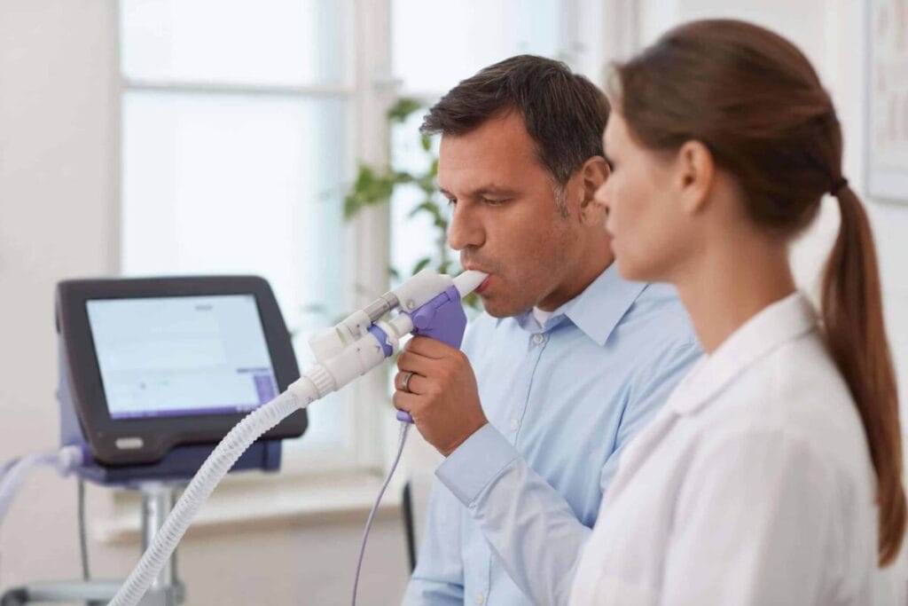 A patient undergoes spirometry to diagnose bronchial asthma