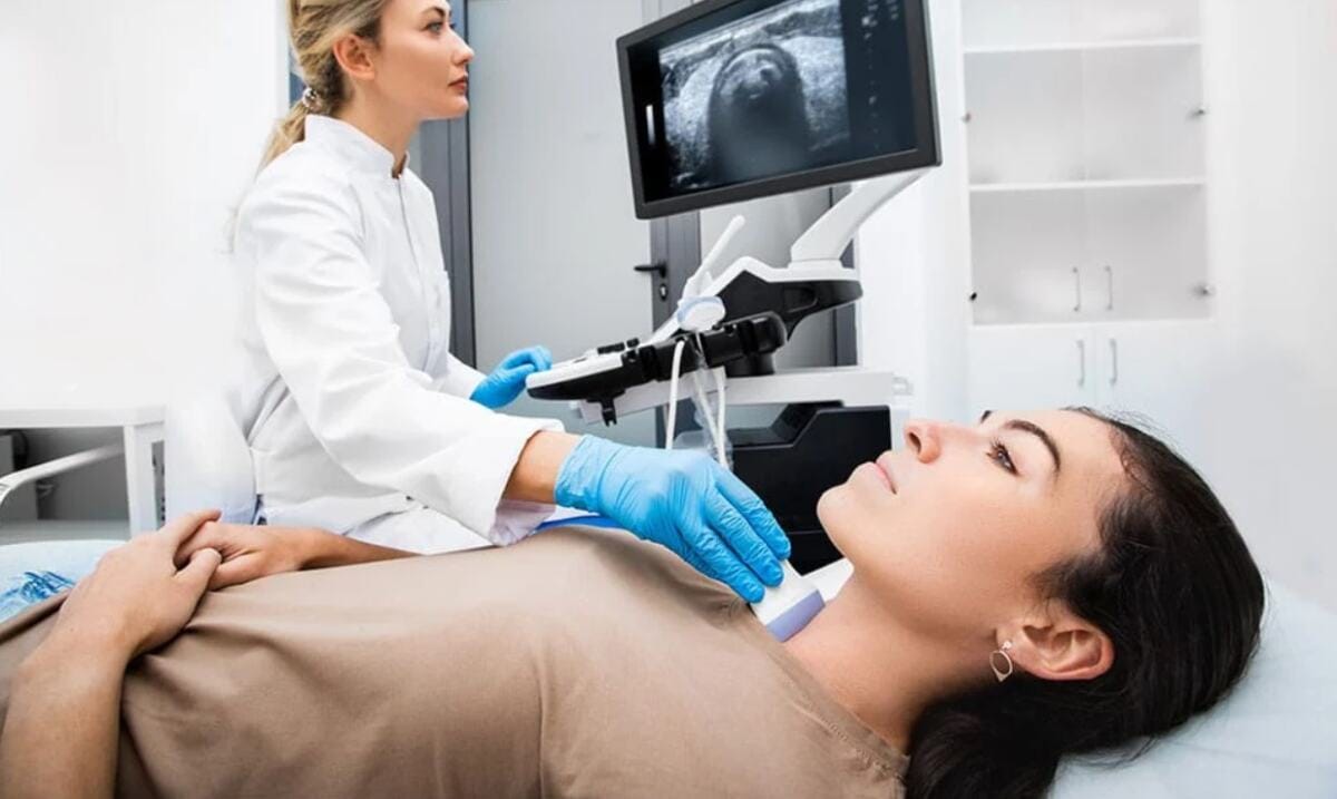 A patient is undergoing thyroid testing