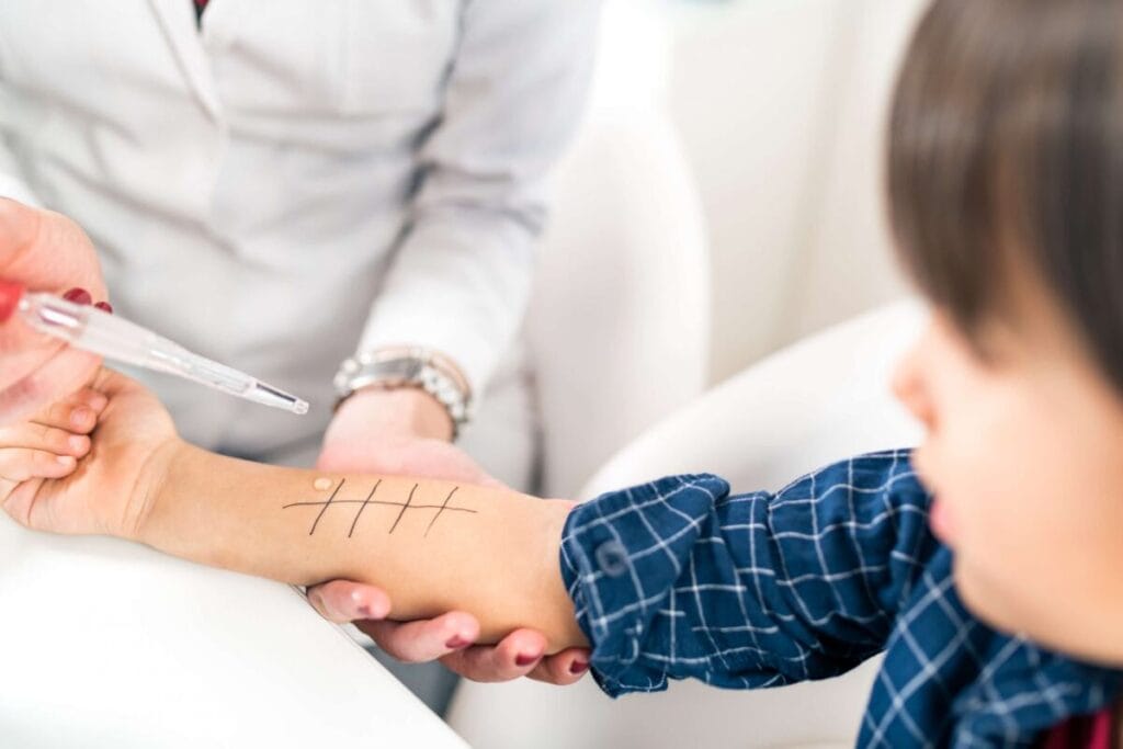 Child undergoing allergy test at clinic