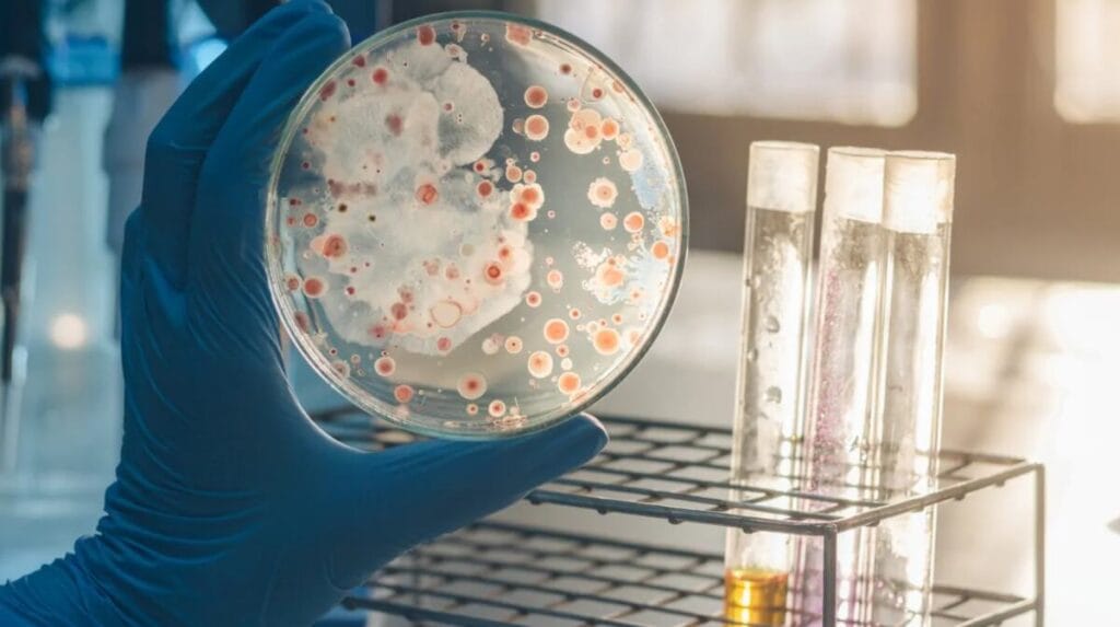 A laboratory technician takes a swab for bacterial culture from the urogenital tract.