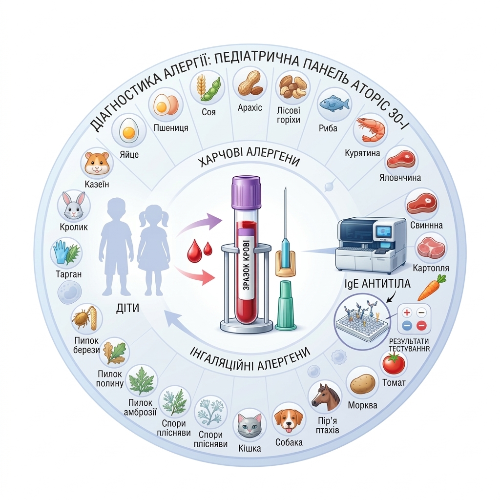 Allergy diagnostics: Atopic 30-I pediatric panel (extended complex) Medical infographic: Pediatric Atopic 30-I panel — advanced diagnostics of allergies in children