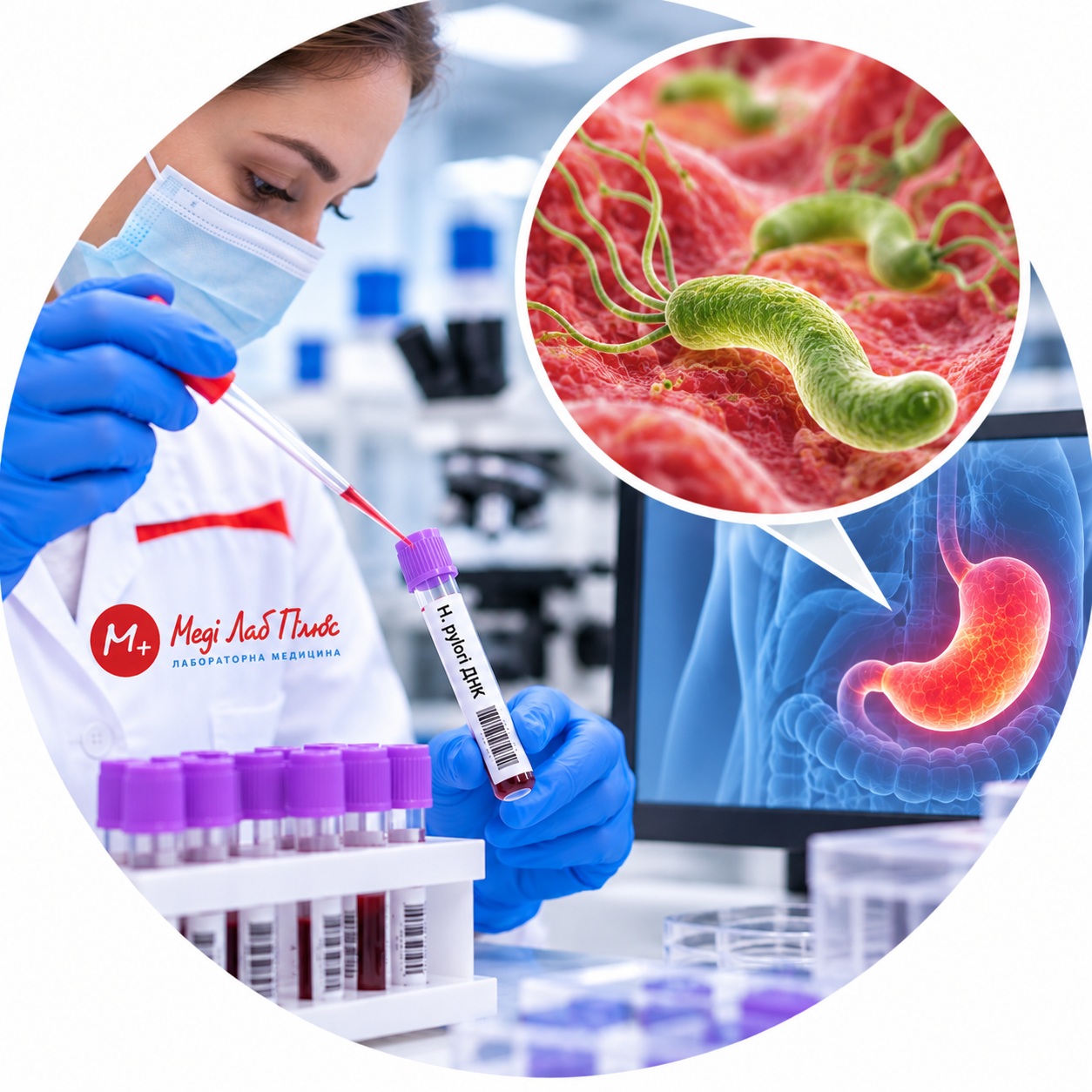 ДНК Helicobacter pylori — якісне виявлення бактерії Якісне визначення ДНК Helicobacter pylori — лабораторне дослідження на бактерію, пов’язану із захворюваннями шлунка, Меді Лаб Плюс
