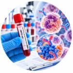 Antibodies to myeloperoxidase (MPO), IgG — blood sample tube and scientific visualization of antibodies and immune system cells, Medi Lab Plus