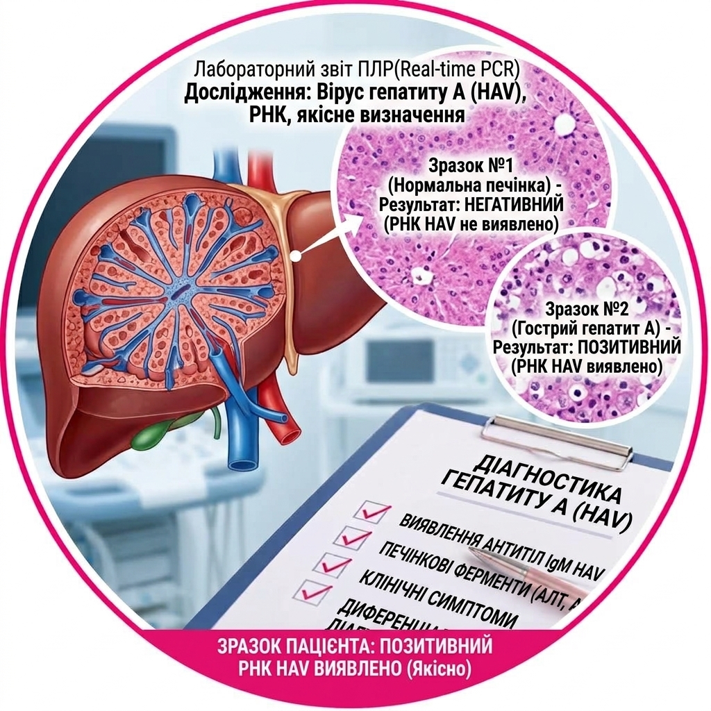 Hepatitis A (HAV): PCR (Real-time PCR) — Qualitative detection Hepatitis A laboratory diagnostic form using real-time PCR with an image of the liver and histological sections.