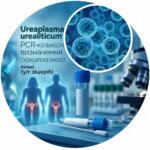 Medical graphics in blue tones for quantitative PCR testing of Ureaplasma urealyticum with images of cells and test tubes