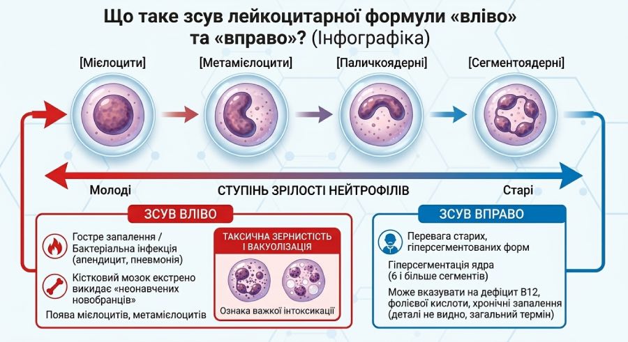 Infographic of the shift of the leukocyte formula to the left and right with an explanation of the stages of neutrophil maturation.
