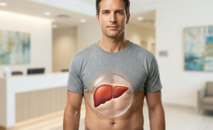 Graphic image of a healthy liver on a man's body in a medical clinic interior