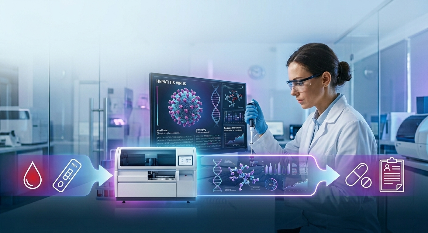Современная лабораторная диагностика гепатита: от скрининга до контроля терапии. Специалист медицинской лаборатории работает с автоматическим биохимическим анализатором крови и цифровым интерфейсом.
