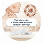 Медична інфографіка для якісного ПЛР-тесту на вірус Varicella-zoster із зображенням висипань, вірусу під мікроскопом та стерильного зонда для зішкрібу з вогнища